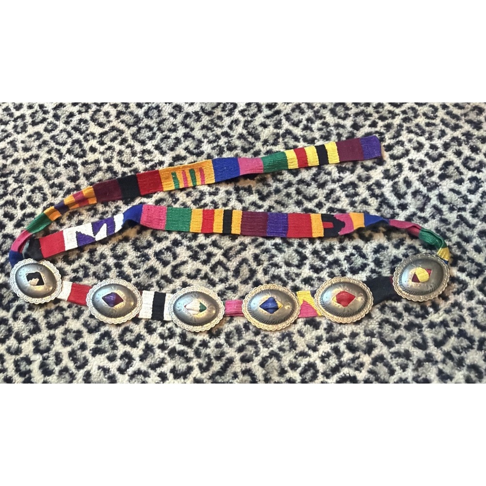 VTG BoHo Southwestern Colorful Buckle 1980s Woven Concho Belt - Approx‎ Sm/med